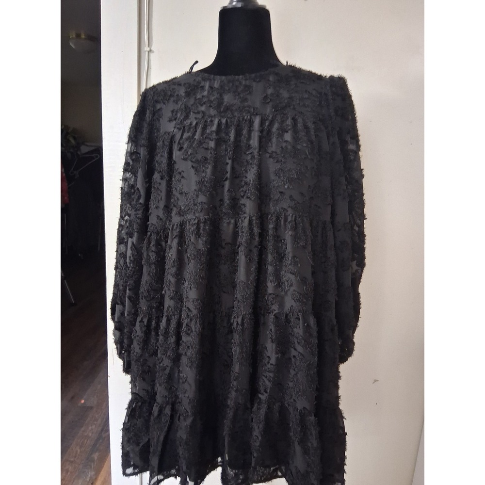 Zara Black Textured Frayed Floral Tiered Babydoll Mini Dress Medium US M